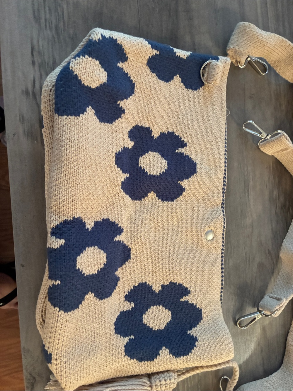Beige Floral Canvas Bucket Bag with Blue Crochet Charm - Picture 2 of 4